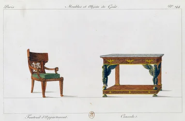 アパートのアームチェアとコンソール、プレート144、イラスト「Collection de meubles et objects de gout（家具と趣味の品々のコレクション）」より