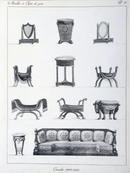 当時の領事館の家具（1802-1803年）。ピエール・ド・ラ・メサンジェー（1761-1831）のコレクション「Collection de mobilier et objets de taste」から抜粋したプレート。パリ装飾美術