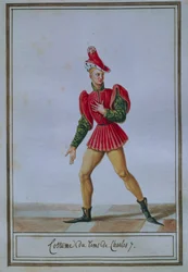 シャルル7世（1403-1461）の時代の衣装を描いた男性用ファッションプレート（Pierre Antoine Leboux de La Mesangere（1761-1831）作、水彩画