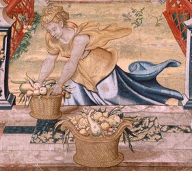 フランダースのタペストリー。 シリーズ Vertumnus と Pomona.Vertumnus が農夫に変身。 下の境界線の中央部分には、木星の愛についてのエピソードが見られます: ダナエ。 シリーズ第2弾のタペストリー。 Pieter Coecke van Aelst のモデル サークル。 ウィルを製造