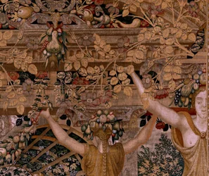 フランダースのタペストリー。 シリーズ Vertumnus と Pomona.Vertumnus が農夫に変身。 シリーズ第2弾のタペストリー。 ニンフミルラの変身右部分。 Pieter Coecke van Aelst のモデル サークル。 ブリュッセルのヴィルヘルム・パンネメーカーのマニュファクチュール。 1545年頃～