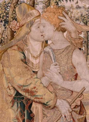 フランダースのタペストリー。 シリーズ Vertumnus と Pomona。 Vertumnus は Pomona にキスをします。 シリーズ第7弾のタペストリー。 Pieter Coecke van Aelst のモデル サークル。 ブリュッセルのヴィルヘルム・パンネメーカーのマニュファクチュール。 1545～1550年頃。 ファブリック ゴールド、シルバー、シルク、ウール。 サイズ 430×365cm。