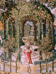 フランダースのタペストリー。 シリーズ Vertumnus と Pomona; 庭師に変身したVertumnus (Vertumno transformado en jardinero)。 シリーズ5作目のタペストリー。 Pieter Coecke Van Aelst と Léonard Thiry のモデル サークル。 マニュファクチュール不明のワークショップ、ブリュッセル、前