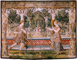 フランダースのタペストリー。 シリーズ Vertumnus と Pomona; 庭師に変身したVertumnus (Vertumno transformado en jardinero)。 シリーズ5作目のタペストリー。 Pieter Coecke Van Aelst と Léonard Thiry のモデル サークル。 マニュファクチュール不明のワークショップ、ブリュッセル、前