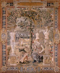 フランダースのタペストリー。 シリーズ Vertumnus と Pomona。 Vertumnus は老婆に変身しました。 Vertumnus は老婆に変身しました。 シリーズ第6弾のタペストリー。 Pieter Coecke van Aelst のモデル サークル。 ブリュッセルのヴィルヘルム・パンネメーカーのマニュファクチュール。 Ca1545-1550。 ふ