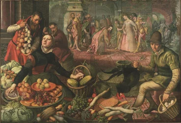 Scene de marche et le Christ avec la femme adultere-Christ and the Woman Taken in Adultery、by Aertsen、Pieter dit Lange Pier