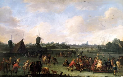 スケーター。ピーテル・ブート（1658-1702）による絵画。木に油彩