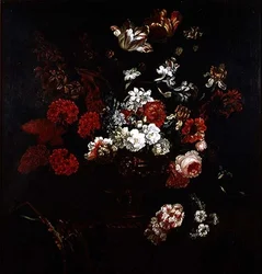 銅製花瓶の花の静物画