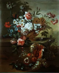 壷の中の花と果物の静物画（81023のペア）