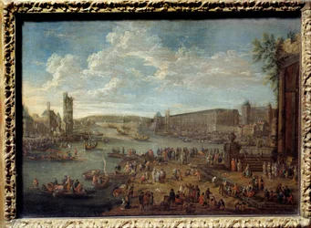 パリのシテ島から撮影されたルーヴル美術館とネスレの塔の眺め。ピーテル・リ・カステルス（1684-1749）の作品