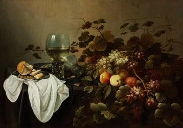 果物と油絵のある静物 - Peinture de Pieter Claesz (c. 1597-1660) - 1644 - 油彩・キャンバス - 104,5x146 - Szepmuveszeti Muzeum, Budapest