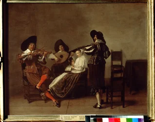 ""ソワレ ミュージカル"" (音楽の夕べ) 3 人のミュージシャンと 1 人の若い女性 (ボーカル)。 Pieter Codde (1599-1678) の絵画 17 世紀 プーシキン美術館、モスクワ
