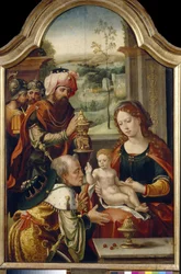 魔術師の崇拝（マギの崇拝）。 Paint of Pieter Coecke Van Aelst The Old（1502-1555）、16世紀前半の木材の油。 プリミティブフレミッシュアート。 ステートアートギャラリー、LVIV（ウクライナ）。