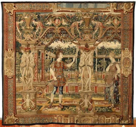 VertumnusとPomona：剪定ばさみに変身したVertumnus、1550年頃（金、羊毛、絹）