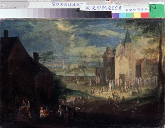 「村の場所のケルメッセ」 (Kermis) フランダースの都市風景。 Peter Gysels (1621-1690) による絵画、Serpukhov、ロシア国立歴史美術館