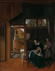 男の子のためにパンとバターを準備する女性、c. 1660年