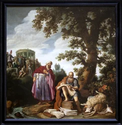 デモクリット（アブデレ出身、紀元前460～370年）を訪ねるヒポクラテス（コス出身、紀元前460～370年）。ピーテル・ラストマン（1583-1633）による絵画、油彩・キャンバス