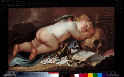 死の頭の上で眠るのが大好き。 Pieter Moninckx (1606 - 1686) Ec. による絵画 (Vanite) フラム。
