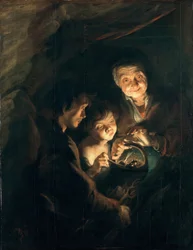 石炭のかごを持つ老婦人c。 1616-1618