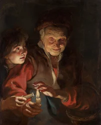 ろうそくを持った老婆と少年、c。 1616-1617。