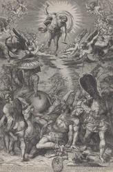 キリストのように馬と兵士に囲まれて地面に横たわっているサウルの回心...、1583