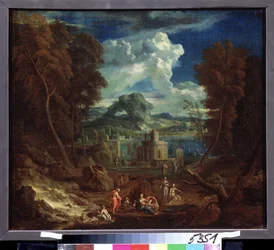 ニンフが水浴びをしている風景。 Pieter I Rysbraeck (1655-1729) による絵画。 キャンバスに油彩、50 x 58 cm。 フランダース美術、バロック美術。 プーシキン美術館、モスクワ。