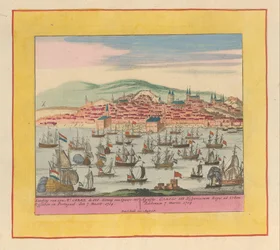 1704 年、リスボンに到着したオランダとイギリスの艦隊、国王チャールズ 3 世 彼の山の着陸 1704 年 3 月 7 日、ポルトガルのリスボンへのスペイン王カレル デ III (...) (オブジェクトのタイトル) 戦争の劇場、カレル デン王の始まり