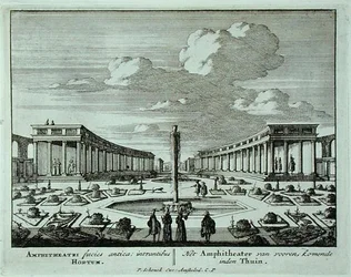 1715年以前に出版されたヤン・ファン・コール（1656-1703）の「Admirandorum Quadruplex Spectaculum」より、庭園にある古典的な円形劇場（エングレーヴィング）。