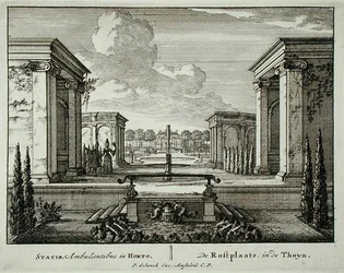 1715年以前に出版されたヤン・ファン・コール(1656-1703)の「Admirandorum Quadruplex Spectaculum」より、庭の休憩所(彫刻)