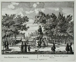 1715年以前に出版されたヤン・ファン・コール（1656-1703）の「Admirandorum Quadruplex Spectaculum」より、大庭園にあるヴィーナスの泉（彫刻）。
