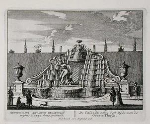 1715年以前に出版されたヤン・ファン・コール（1656-1703）の「Admirandorum Quadruplex Spectaculum」より、東洋の庭園のカスケード（エングレービング）