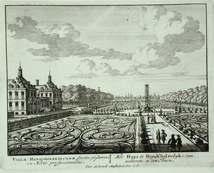 1715年以前に出版されたヤン・ファン・コール（1656-1703）の「Admirandorum Quadruplex Spectaculum」より、ホンショーレディックの庭園（彫刻）。