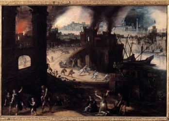 トロイの破壊」 ピーテル・シューブルック（1570-1607）による絵画 17世紀 ブザンソン。美術博物館