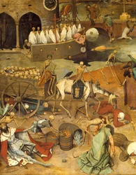 死の勝利 死体の中からカートを引く死。地面には戦士や王の遺体が横たわっている。ピーテル・ブリューゲル（またはブリューゲルまたはブリューゲルまたはブリューゲル）前者（1525-1569）16世紀の太陽による絵画。117x162 cm マドリッド、プラド美術館