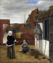 フーチ、ピーテル、ド（1629-1684） 《中庭の女性とそのメイド》 油彩・キャンバス 約1661年 ナショナル・ギャラリー、ロンドン 73,7x62,6