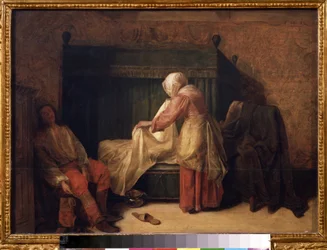 ""The Morning of a Young Man"" (The Morning of a Young Man) メイドがベッドを整えている間、若い男が目を覚ます準備をしている。 床には、スリッパと便器。 Pieter de Hooch (1629-1684) による絵画 1655-1657 プーシキン美術館、モスクワ