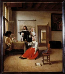 酒飲みの女。ほかの酒飲みに囲まれたフランドルの家のアルコール依存症の女性。ピーテル・デ・ホーホ（1629-1684）の絵画、1658年。高さ0.69 x 0.6 m - 兵士たちと酒を飲む女。フランドルの家の室内。ピーテル・デ・ホーホ（1629-1684）の絵画