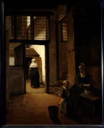 オランダの家の裏庭の風景 ペーター・デ・ホーホ（1629-1681）の絵（ec.flam.） 17世紀 日の丸0.6x0.49 m パリ、ルーヴル美術館
