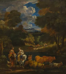 旅行者のいる牧歌的な風景、c.1657-1701（キャンバスに油彩）