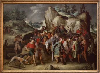 改宗後、ダマスカス（シリア）に向かう聖パウロ。この絵は、ルーカス・ドゥ・ライデンの版画（1509年）をそのまま使用しており、聖パウロとなるサウル・デ・タルソが、テラスに連れて行かれた後、馬が倒れたエピソードを描いています。