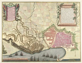 Kaart van het beleg van Barcelona、1706 フランス軍の接近を伴うバルセロナ市とモンジュイ城の計画 (...) (オブジェクトのタイトル)