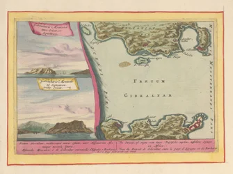 ジブラルタルの岩の眺めとジブラルタル海峡の地図 スペインとアフリカの間の海峡、または 2 ドゥイチェ マイルの狭さ (...) (オブジェクトのタイトル) Theatrum Hispaniae (...) (シリーズタイトル)