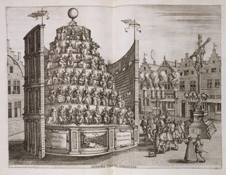 可動式の劇場を描いたイラスト、就任式の始まりの歴史的な物語から... &39;Bochius、Plantin Press、1602