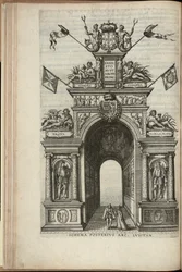 テージョ川、プラタ川、ガンジス川、ヒダスペス川。 ポルトガルの凱旋門の背面、オーストリア大公エルンストのアントワープへの入場、1595年発行（彫刻）