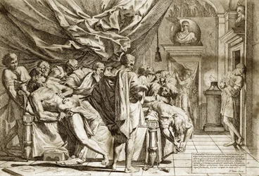 ピエトロ・テスタ作『長老カトン（Marcus Porcius Cato）または検閲官カトン（紀元前234～149年）の死』 1648年 - 『カトンの死』 ピエトロ・テスタ（紀元前1612～1650年）作、エッチング - 。