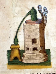 錬金術：蒸留のための装置。Pietro Andrea Mattioli (Matthiole) (1500-1577)の本からのエングレーヴィング。フランクフルト