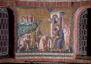 ピエトロ・カヴァリーニ（1273～1330年頃活躍）の後陣のモザイクのマギの崇拝 13世紀末（ピエトロ・カヴァリーニの後陣のモザイクのマギの崇拝 13世紀末） ローマ、サンタ・マリア・イン・トラステヴェレ教会 イタリア
