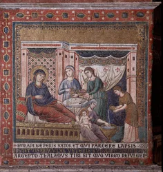 マリアの誕生 ピエトロ・カヴァリーニ（1273～1330年頃活躍）の後陣のモザイク 13世紀末（マリアの誕生 ピエトロ・カヴァリーニの後陣のモザイク 13世紀末） ローマ、サンタ・マリア・イン・トラステヴェレ教会 イタリア