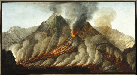 噴火するヴェスヴィオ火山。このガッシュはピエール・ファブリスが、ナポリの英国大使ウィリアム・ハミルトン卿の依頼を受けて制作したもので、Bibl.Braidense, Milan.