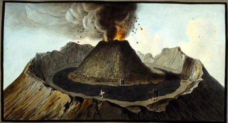 噴火するヴェスヴィオ火山。このガッシュはピエール・ファブリスが、ナポリの英国大使ウィリアム・ハミルトン卿の依頼を受けて制作したもので、Bibl.Braidense, Milan.